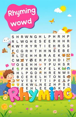 A visually engaging and colorful illustration of a rhyming word search puzzle set in a playful and inviting environment