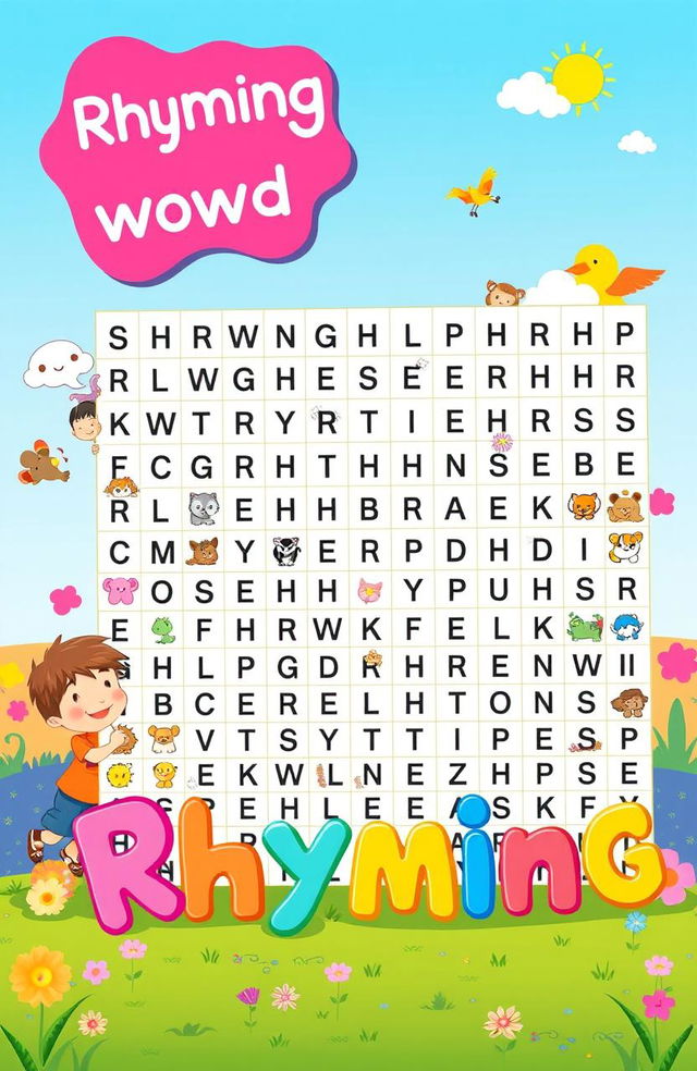 A visually engaging and colorful illustration of a rhyming word search puzzle set in a playful and inviting environment