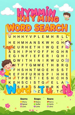 A visually engaging and colorful illustration of a rhyming word search puzzle set in a playful and inviting environment