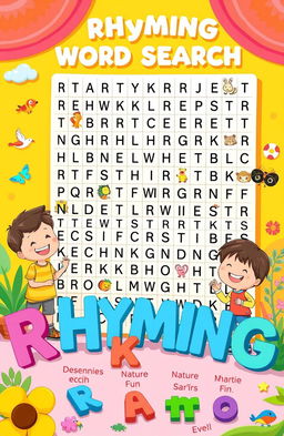 A visually engaging and colorful illustration of a rhyming word search puzzle set in a playful and inviting environment