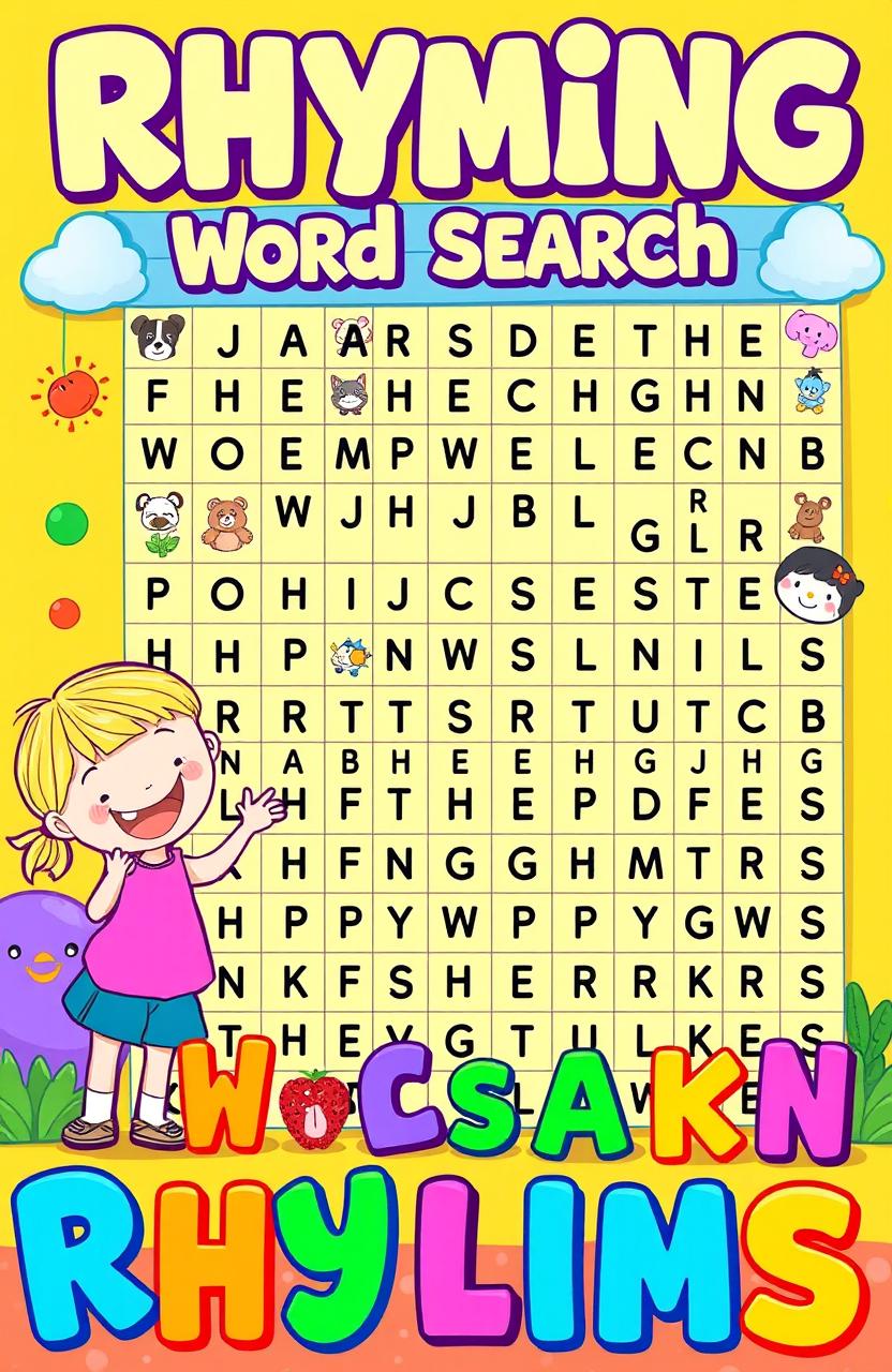 A visually engaging and colorful illustration of a rhyming word search puzzle set in a playful and inviting environment