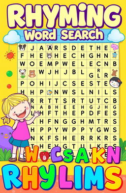 A visually engaging and colorful illustration of a rhyming word search puzzle set in a playful and inviting environment