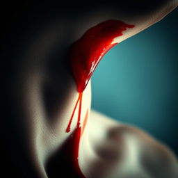 A dramatic close-up of a wounded neck with blood oozing from a bullet wound