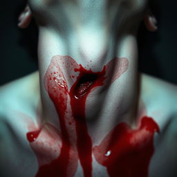 A dramatic close-up of a wounded neck with blood oozing from a bullet wound