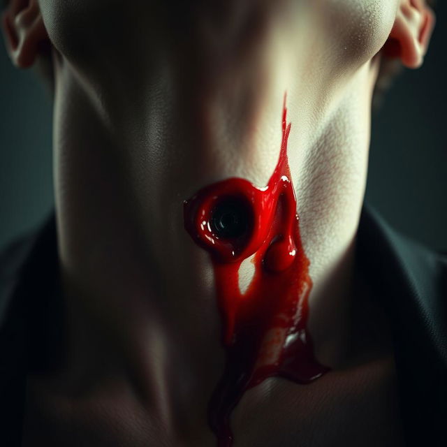 A dramatic close-up of a wounded neck with blood oozing from a bullet wound