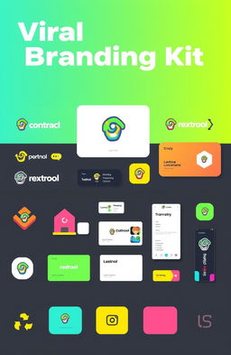 A vibrant and eye-catching Viral Branding Kit, showcasing a collection of branding materials including logo designs, social media graphics, business cards, and digital marketing assets