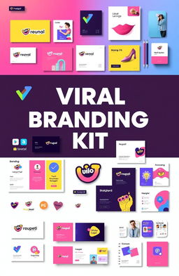 A vibrant and eye-catching Viral Branding Kit, showcasing a collection of branding materials including logo designs, social media graphics, business cards, and digital marketing assets