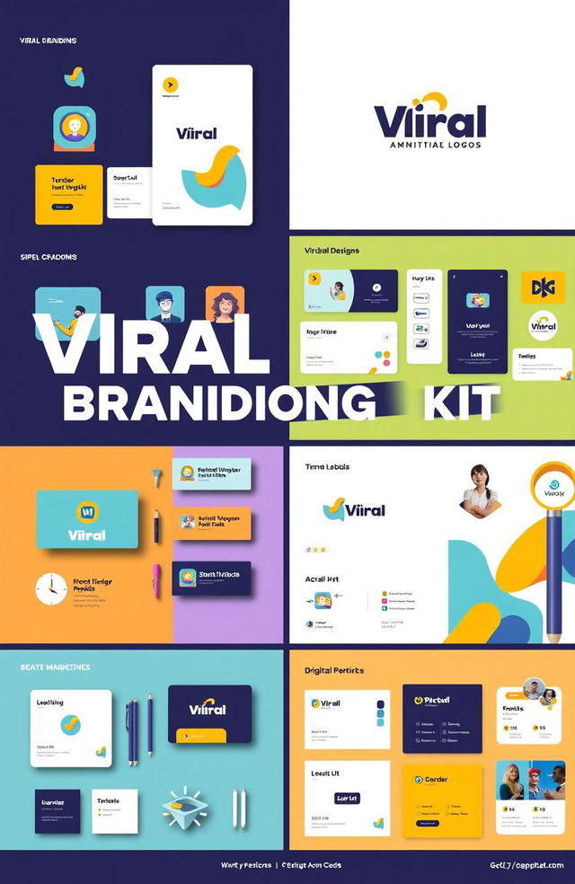 A vibrant and eye-catching Viral Branding Kit, showcasing a collection of branding materials including logo designs, social media graphics, business cards, and digital marketing assets