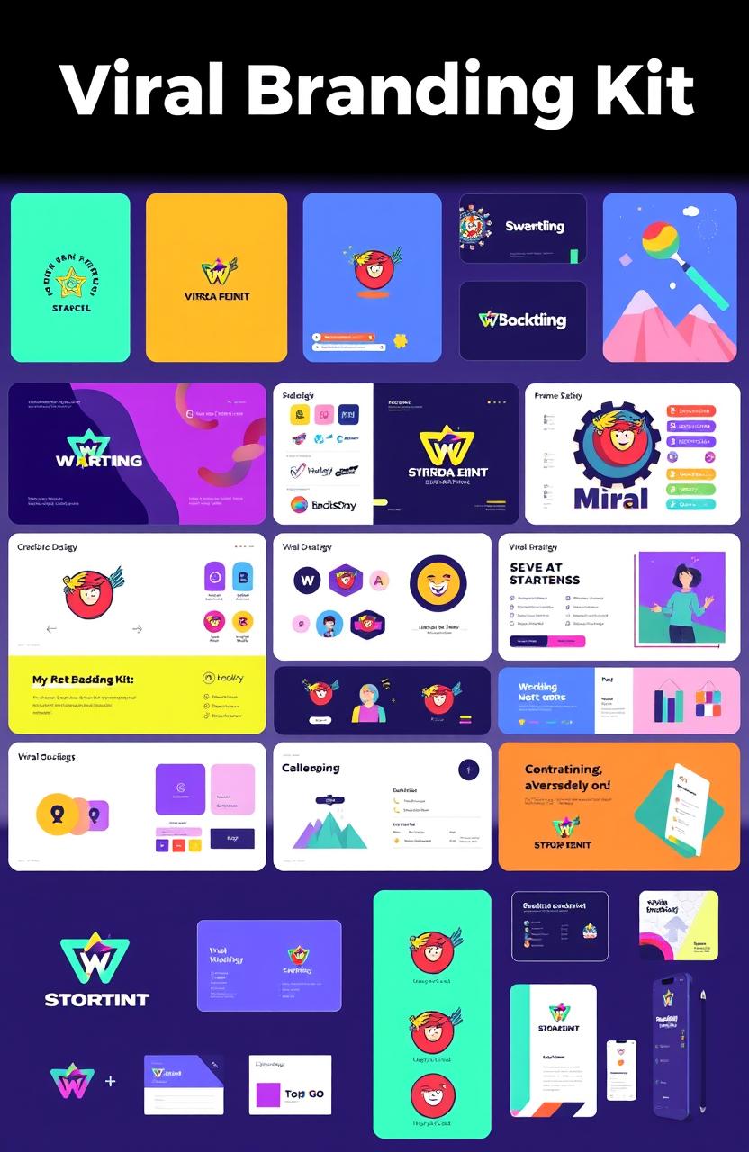 A vibrant and eye-catching Viral Branding Kit, showcasing a collection of branding materials including logo designs, social media graphics, business cards, and digital marketing assets