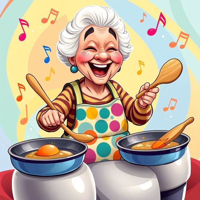 An illustration of a grandmother joyfully playing on frying pans as if they were drums, styled in the vibrant and playful art of the game IncrediBox