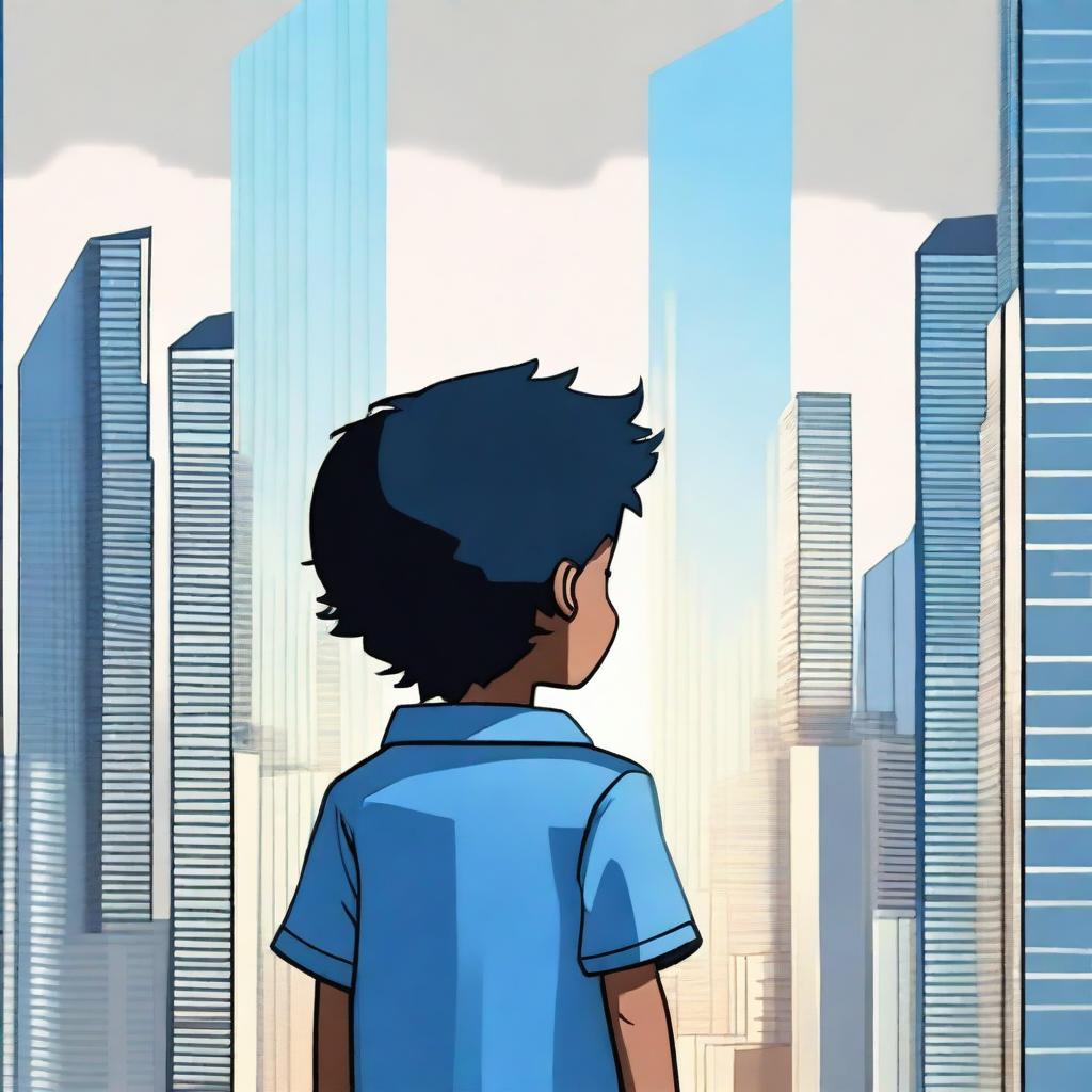 A high-quality digital art image showcasing a kid with black hair, wearing a blue shirt, standing with his back to the viewer