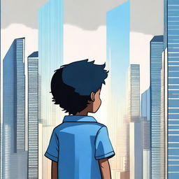 A high-quality digital art image showcasing a kid with black hair, wearing a blue shirt, standing with his back to the viewer