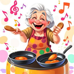 An illustration of a grandmother joyfully playing on frying pans as if they were drums, styled in the vibrant and playful art of the game IncrediBox