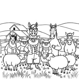 A minimalistic and outlined illustration of a farm scene inspired by 'Animal Farm' by George Orwell, designed specifically for coloring purposes