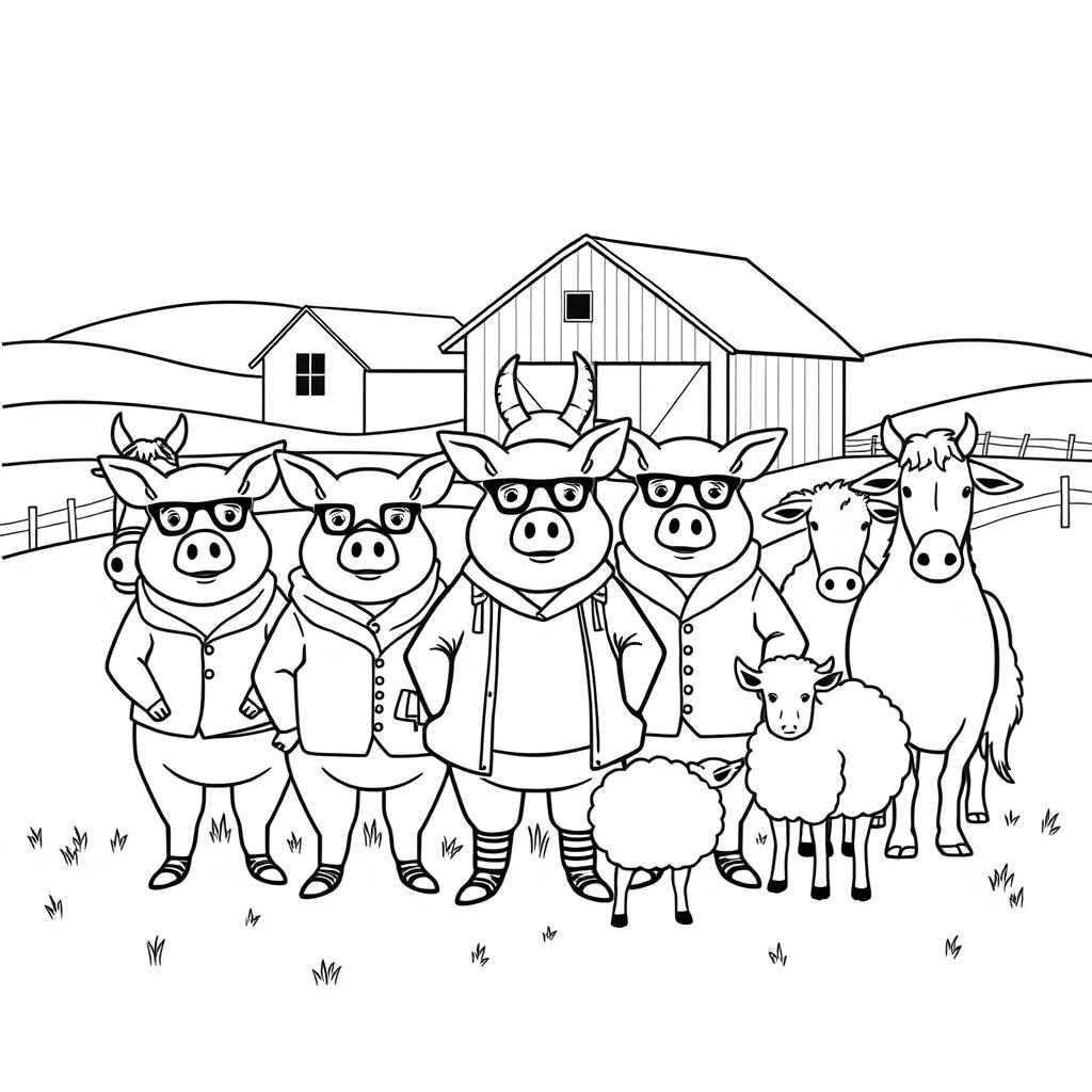 A minimalistic and outlined illustration of a farm scene inspired by 'Animal Farm' by George Orwell, designed specifically for coloring purposes