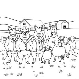 A minimalistic and outlined illustration of a farm scene inspired by 'Animal Farm' by George Orwell, designed specifically for coloring purposes