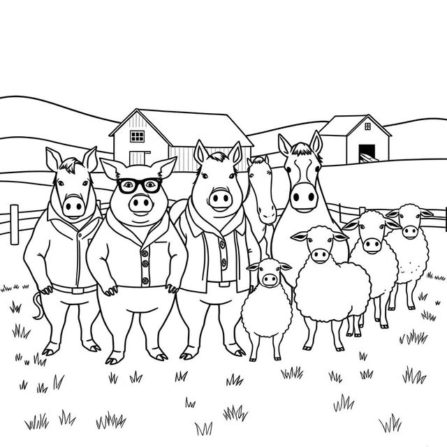 A minimalistic and outlined illustration of a farm scene inspired by 'Animal Farm' by George Orwell, designed specifically for coloring purposes