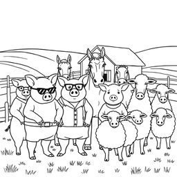 A minimalistic and outlined illustration of a farm scene inspired by 'Animal Farm' by George Orwell, designed specifically for coloring purposes