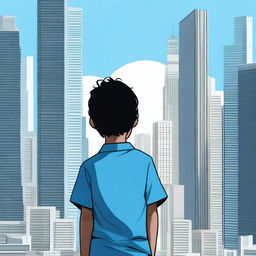 A high-quality digital art image showcasing a kid with black hair, wearing a blue shirt, standing with his back to the viewer