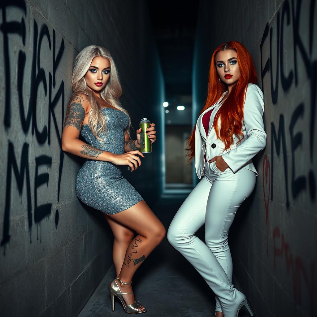 In a dimly lit alley, two striking young women lean against opposite walls, facing the viewer with serious and seductive expressions