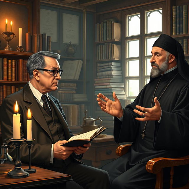 A historical scene depicting a thoughtful conversation between Werner Heisenberg and a Jesuit priest