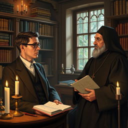 A historical scene depicting a thoughtful conversation between Werner Heisenberg and a Jesuit priest
