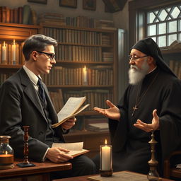 A historical scene depicting a thoughtful conversation between Werner Heisenberg and a Jesuit priest
