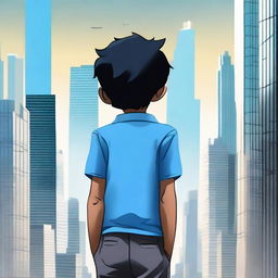 A high-quality digital art image showcasing a kid with black hair, wearing a blue shirt, standing with his back to the viewer