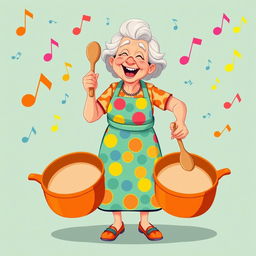 An illustration of a grandmother playing on frying pans as if they were drums, depicted in full length and styled in the playful art of the game IncrediBox