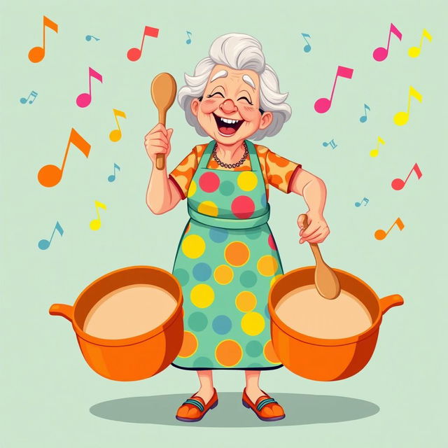 An illustration of a grandmother playing on frying pans as if they were drums, depicted in full length and styled in the playful art of the game IncrediBox