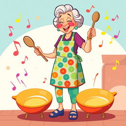 An illustration of a grandmother playing on frying pans as if they were drums, depicted in full length and styled in the playful art of the game IncrediBox