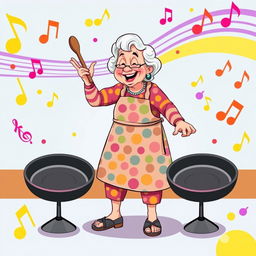 An illustration of a grandmother playing on frying pans as if they were drums, depicted in full length and styled in the playful art of the game IncrediBox