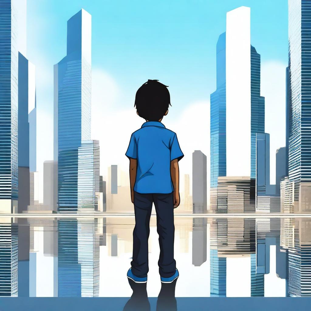 A high-quality digital art image showcasing a kid with black hair, wearing a blue shirt, standing with his back to the viewer