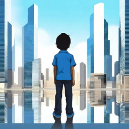 A high-quality digital art image showcasing a kid with black hair, wearing a blue shirt, standing with his back to the viewer