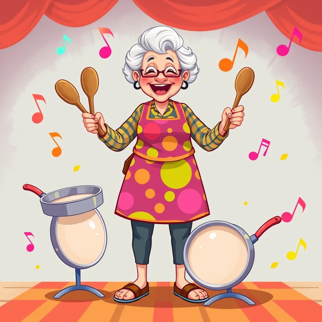 An illustration of a grandmother playing on frying pans as if they were drums, depicted in full length and styled in the playful art of the game IncrediBox
