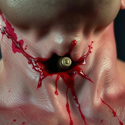 A hyper-realistic depiction of a close-up of a neck wound, showing intricate details of the bullet injury
