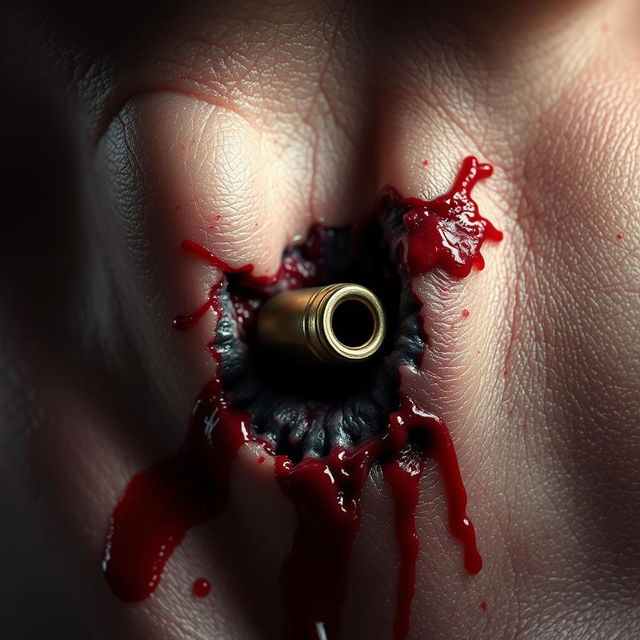 A hyper-realistic depiction of a close-up of a neck wound, showing intricate details of the bullet injury