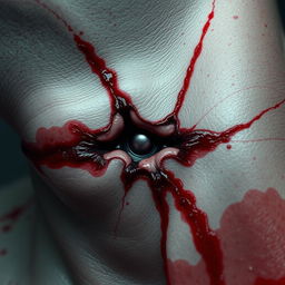 A hyper-realistic depiction of a close-up of a neck wound, showing intricate details of the bullet injury