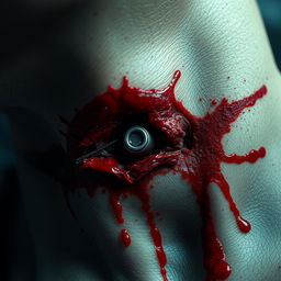 A hyper-realistic depiction of a close-up of a neck wound, showing intricate details of the bullet injury