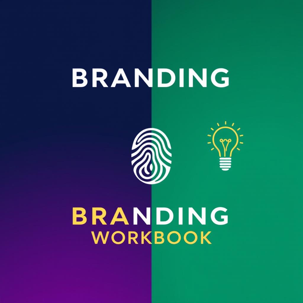 A bold and modern cover page for a Branding Workbook, featuring a clean, minimalist graphic in the center such as a fingerprint, abstract lines, or a lightbulb symbolizing branding and creativity