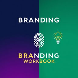 A bold and modern cover page for a Branding Workbook, featuring a clean, minimalist graphic in the center such as a fingerprint, abstract lines, or a lightbulb symbolizing branding and creativity