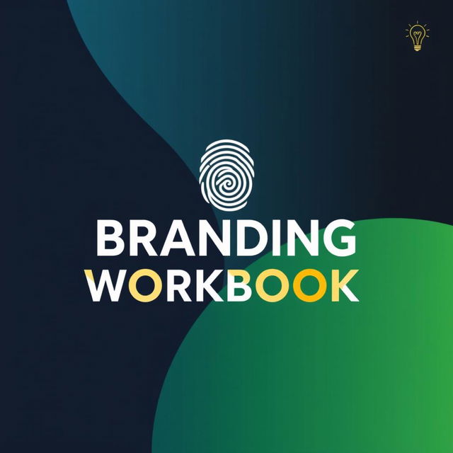 A bold and modern cover page for a Branding Workbook, featuring a clean, minimalist graphic in the center such as a fingerprint, abstract lines, or a lightbulb symbolizing branding and creativity