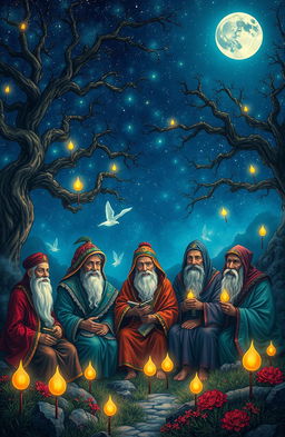 A mystical landscape depicting a serene gathering of wise ancestors under a starry night sky, surrounded by ancient trees and glowing spirits