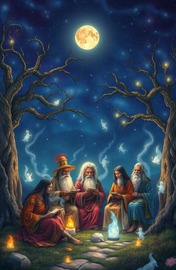 A mystical landscape depicting a serene gathering of wise ancestors under a starry night sky, surrounded by ancient trees and glowing spirits