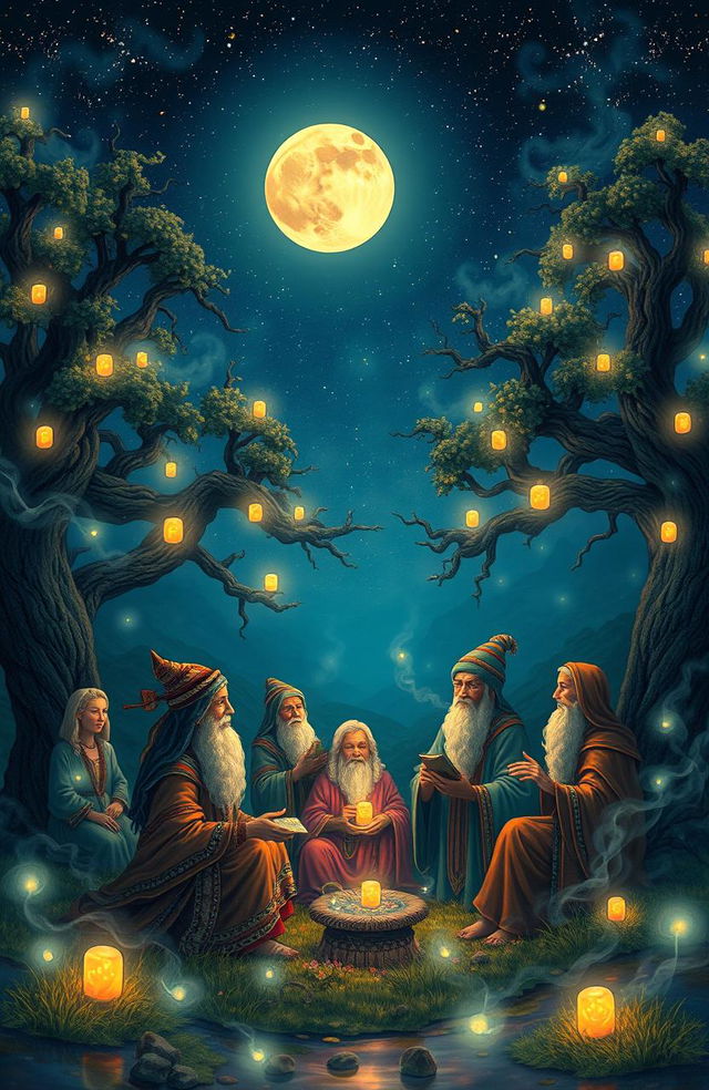 A mystical landscape depicting a serene gathering of wise ancestors under a starry night sky, surrounded by ancient trees and glowing spirits