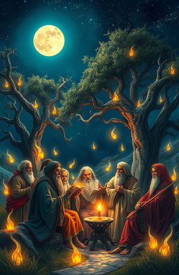 A mystical landscape depicting a serene gathering of wise ancestors under a starry night sky, surrounded by ancient trees and glowing spirits