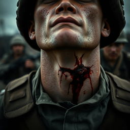 A close-up view of a soldier with a visible neck injury, showcasing the details of the wound, emphasizing the severity and realism of the scene