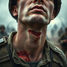 A close-up view of a soldier with a visible neck injury, showcasing the details of the wound, emphasizing the severity and realism of the scene