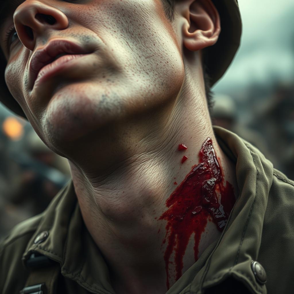 A close-up view of a soldier with a visible neck injury, showcasing the details of the wound, emphasizing the severity and realism of the scene
