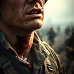 A close-up view of a soldier with a visible neck injury, showcasing the details of the wound, emphasizing the severity and realism of the scene